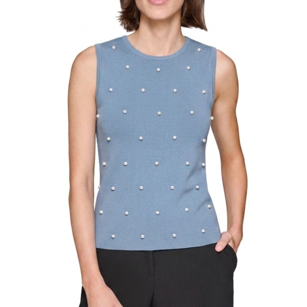 Karl Lagerfeld Women's Sweater Top Round-Neck Faux-Pearl Sleeveless Size S Blue